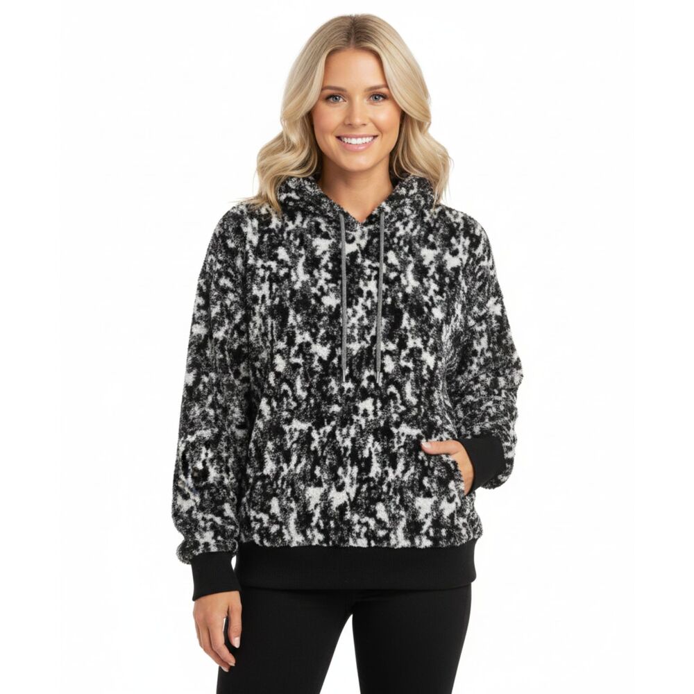 Athleta Hoodie Tugga Teddy Sherpa Black White Furry Sweatshirt Sz L Athleisure